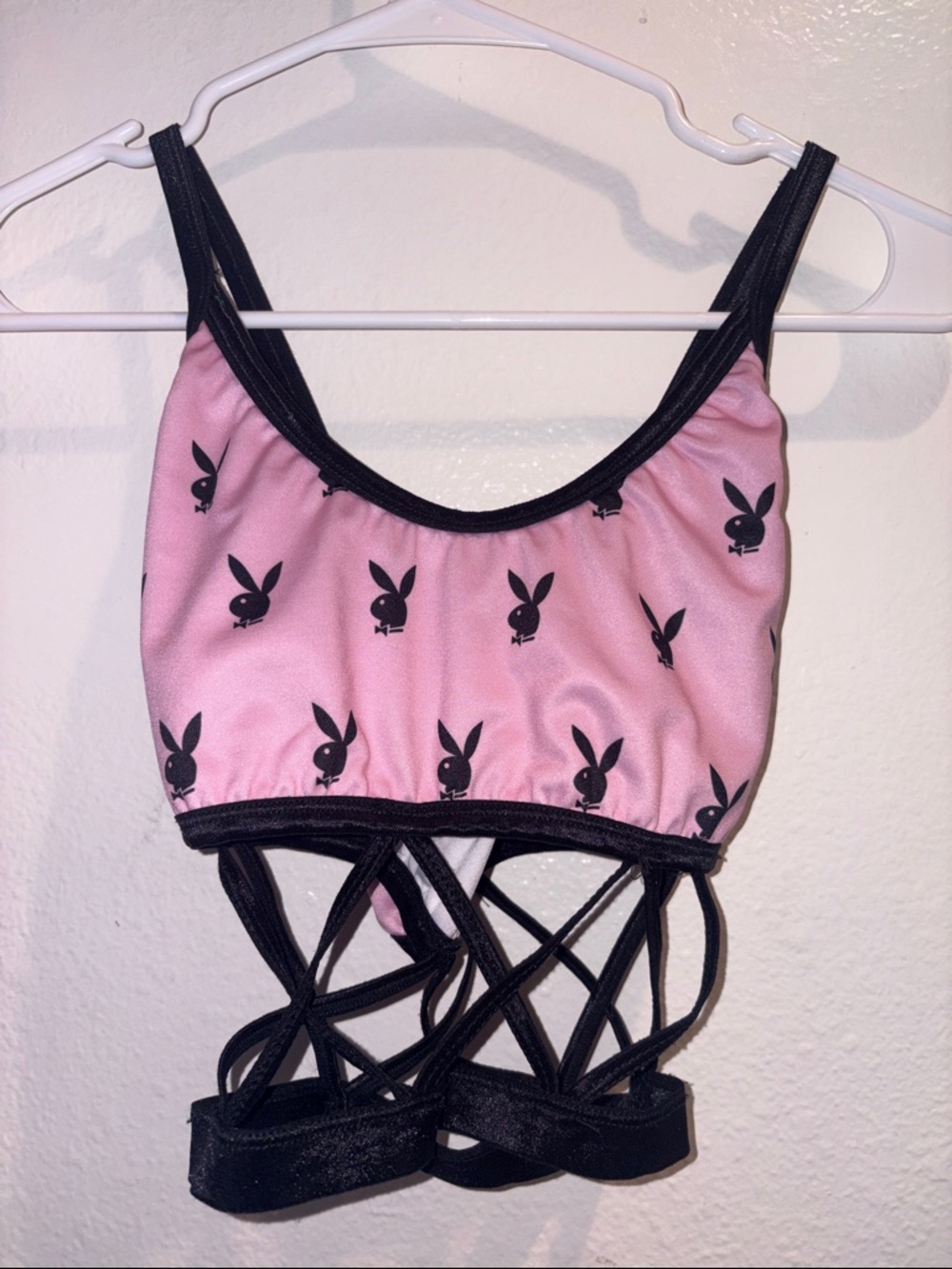 PLAYBOY Pink and Black Strappy Bunny Logo Crop Top